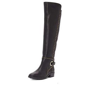 Black Round Toe Pull On Studs Low Stacked Heel Knee High Boots